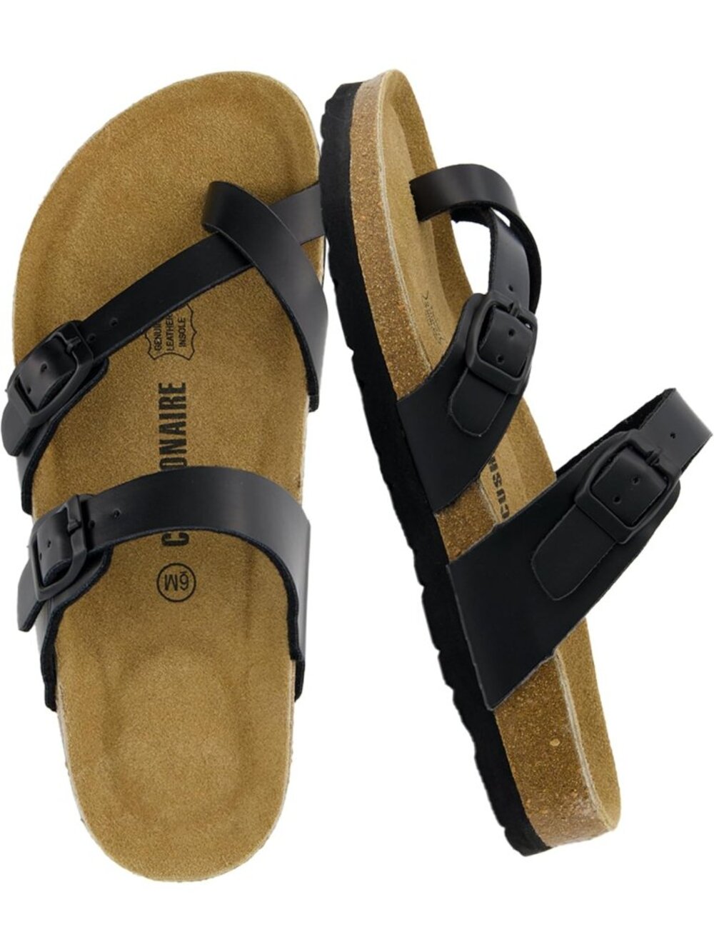 Women's Luna Cork Black O Sandal Strappy Flip Flops With Comfort Open Toe Shoes